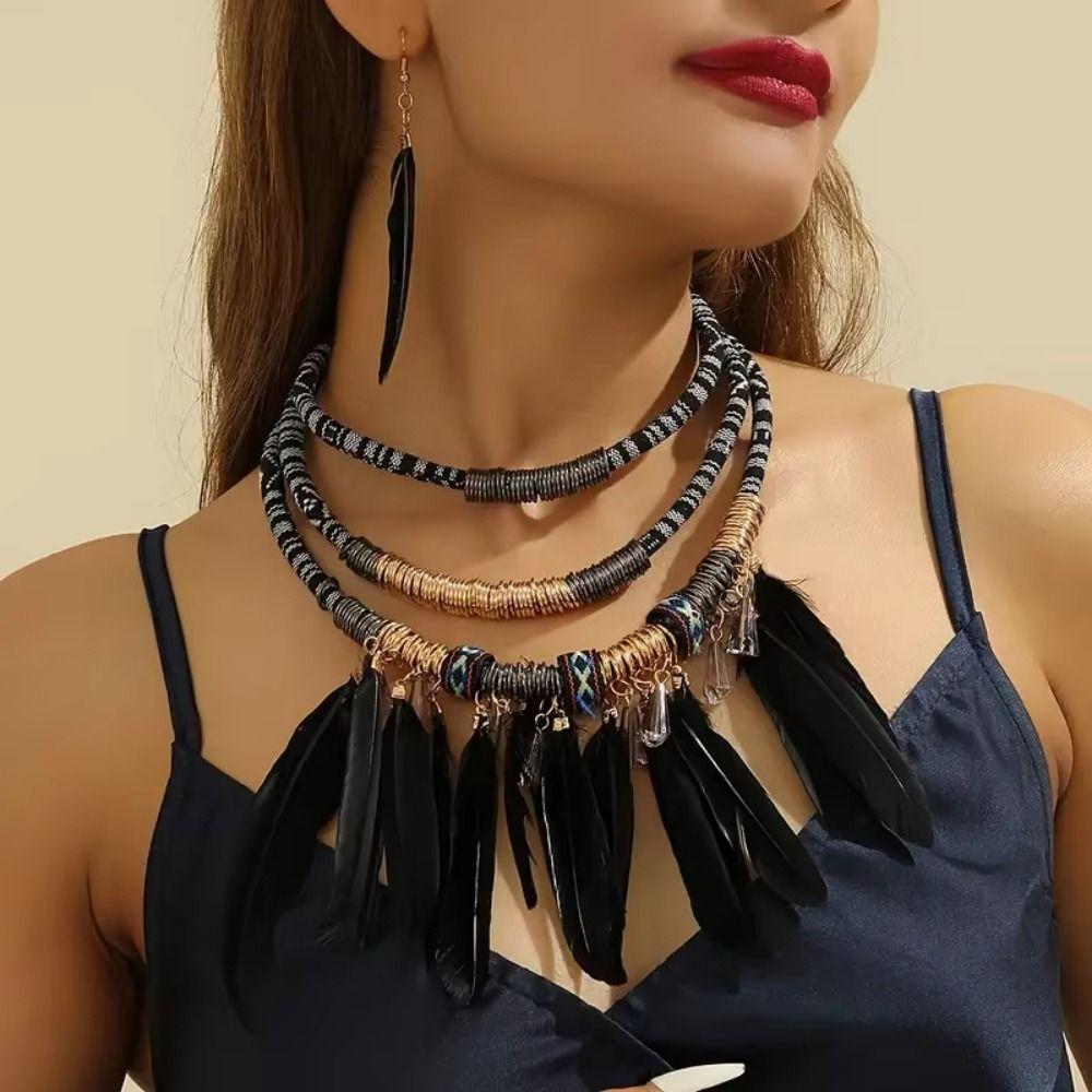 Fashion Bohemian Necklace Vintage Necklace Earrings Set Feather Tassel Necklace  Dating Accessories