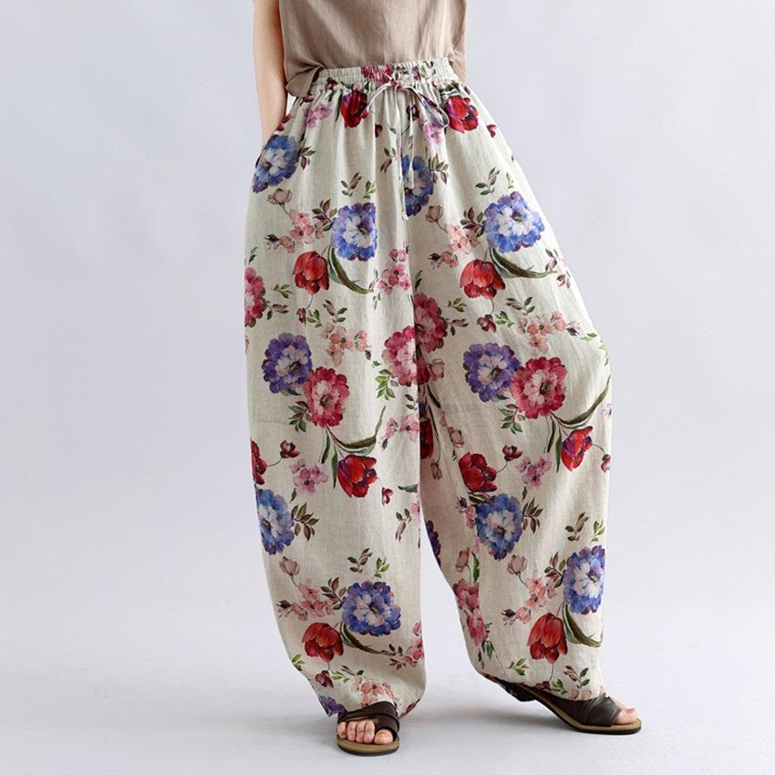 Plus Size Cotton Vintage Floral High Waist Casual Loose Long Spring Summer Autumn Harem Pants Women Trousers