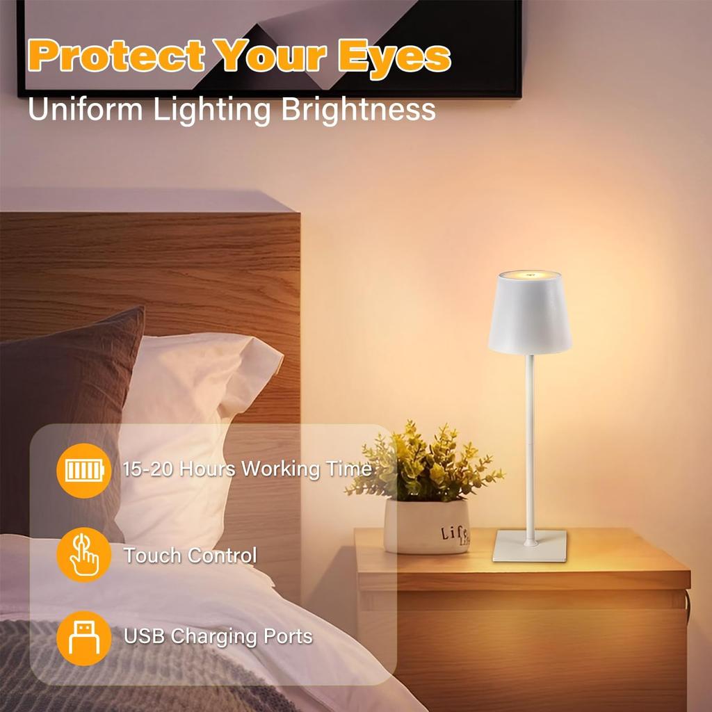 CHLORANTHUS 2 Pack Cordless Table Lamps, 3 Colors Stepless Dimming, 5000mAh Rechargeable Battery LED Desk Lamp for Bedroom/Couple