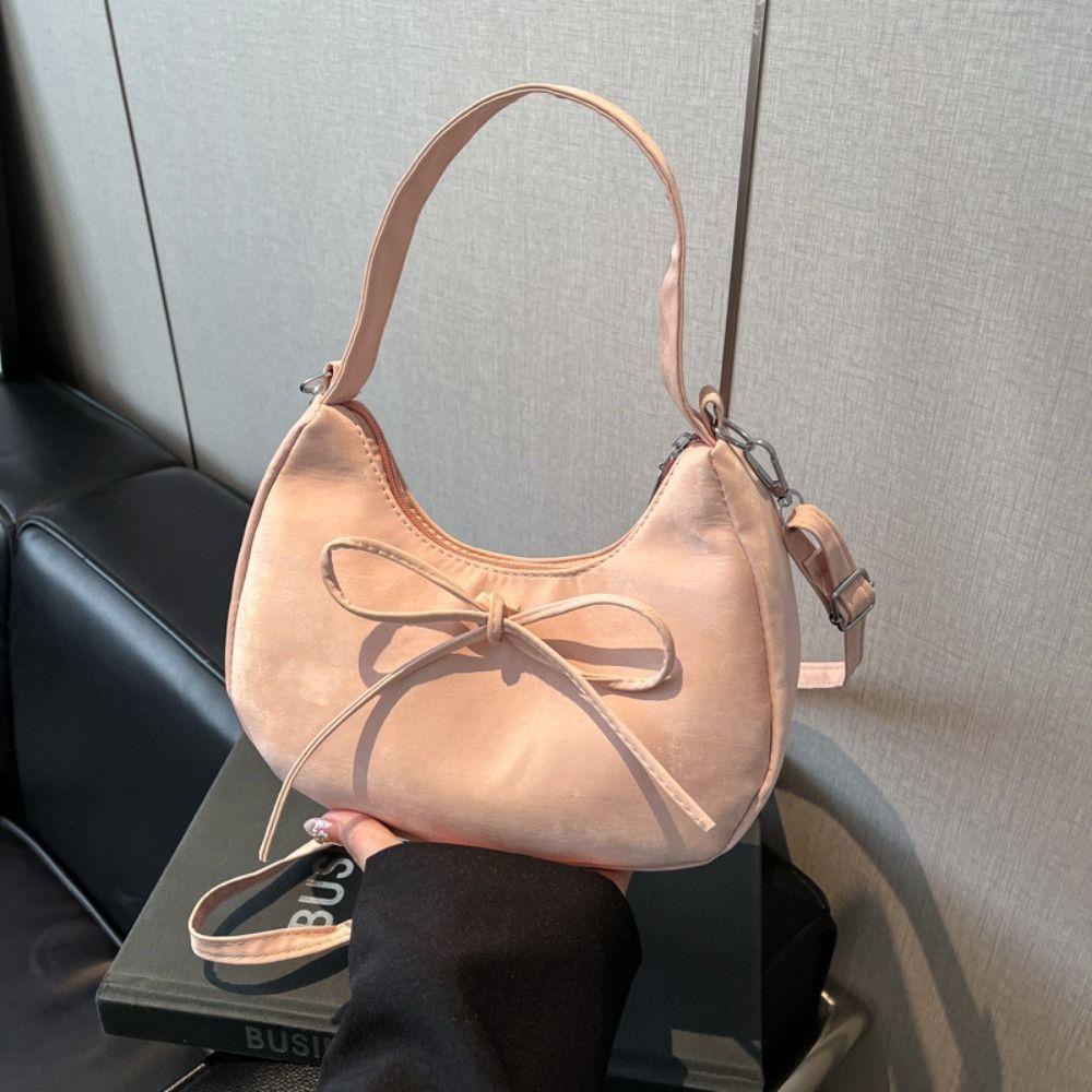 Lace Pearl Pendant Bow Shoulder Bag Large Capacity French Style Handbag PU Hobo Bag  Streetwear