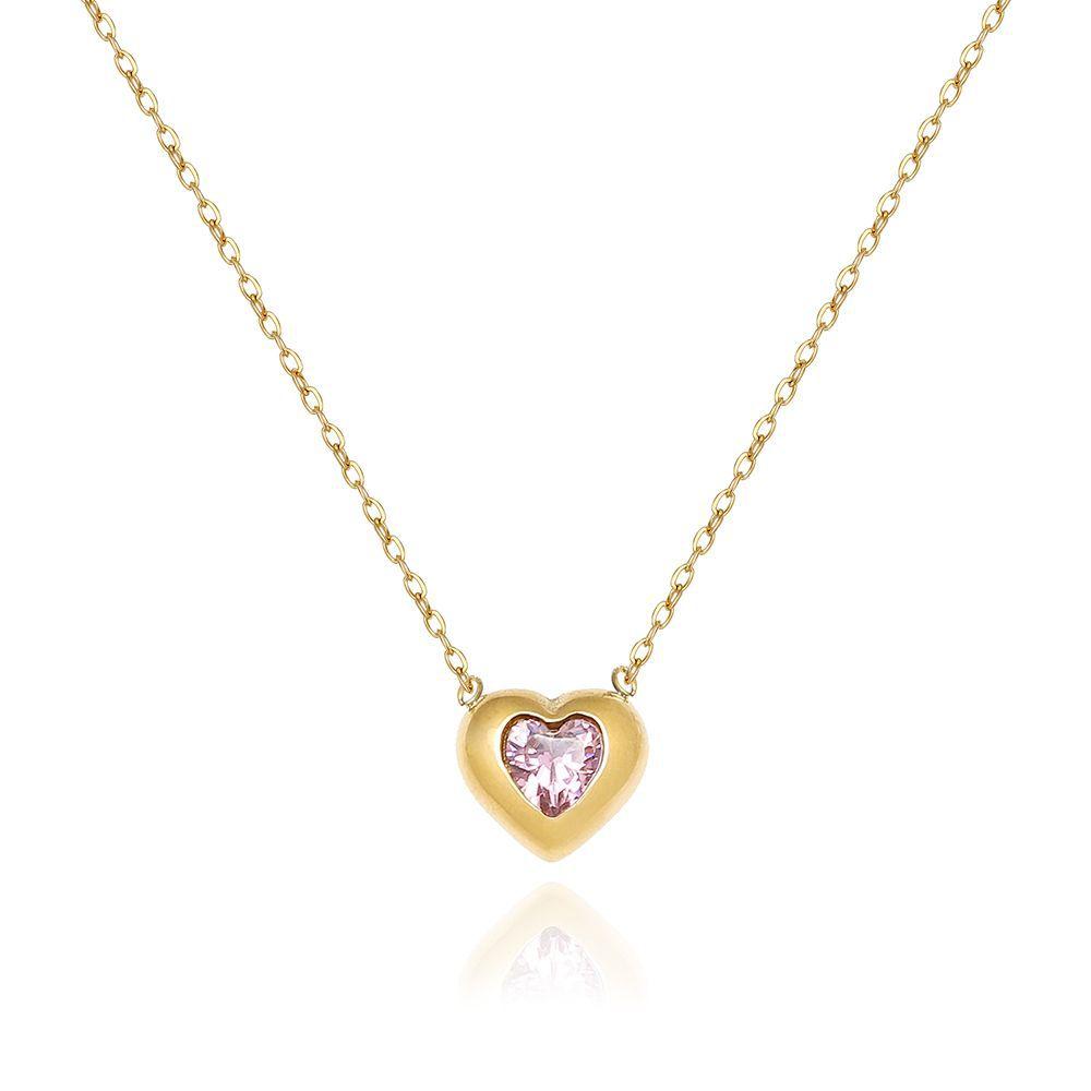 

Stainless Steel Jewelry Plated With 18K Gold, Women S Japanese Korean Style Simple Pink Heart-Shaped Necklace, Collarbone Chain Pink&40cm