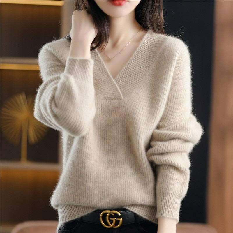 Winter Solid Color V-neck Sweater Women Loose and Thin Knitted Bottoming Pullover Thick Sweater Women