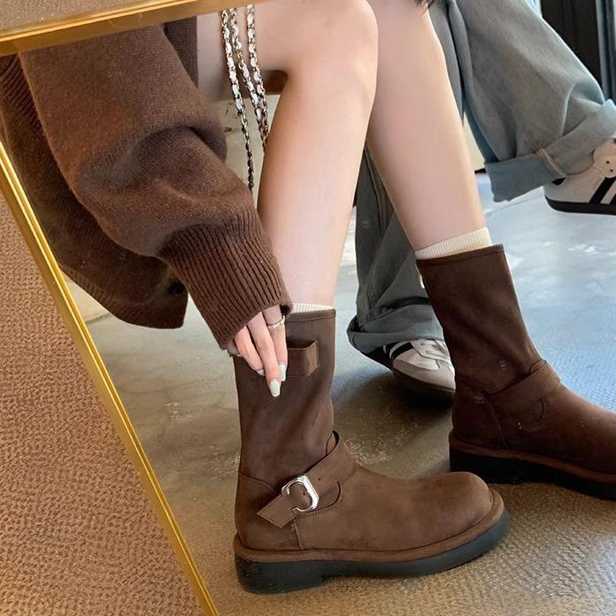 Spot Second Hair! Grape Mother Same Shoes Retro Locomotive Buckle with Round Head Thick Sole Heightening Medium Tube Short Boots Autumn and Winter Wom