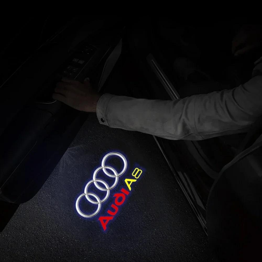 2026 Hot 2/4PCS car door LED laser logo projector allroad Sline is suitable for Audi QUATTRO brand new welcome light tricolor logo badge.