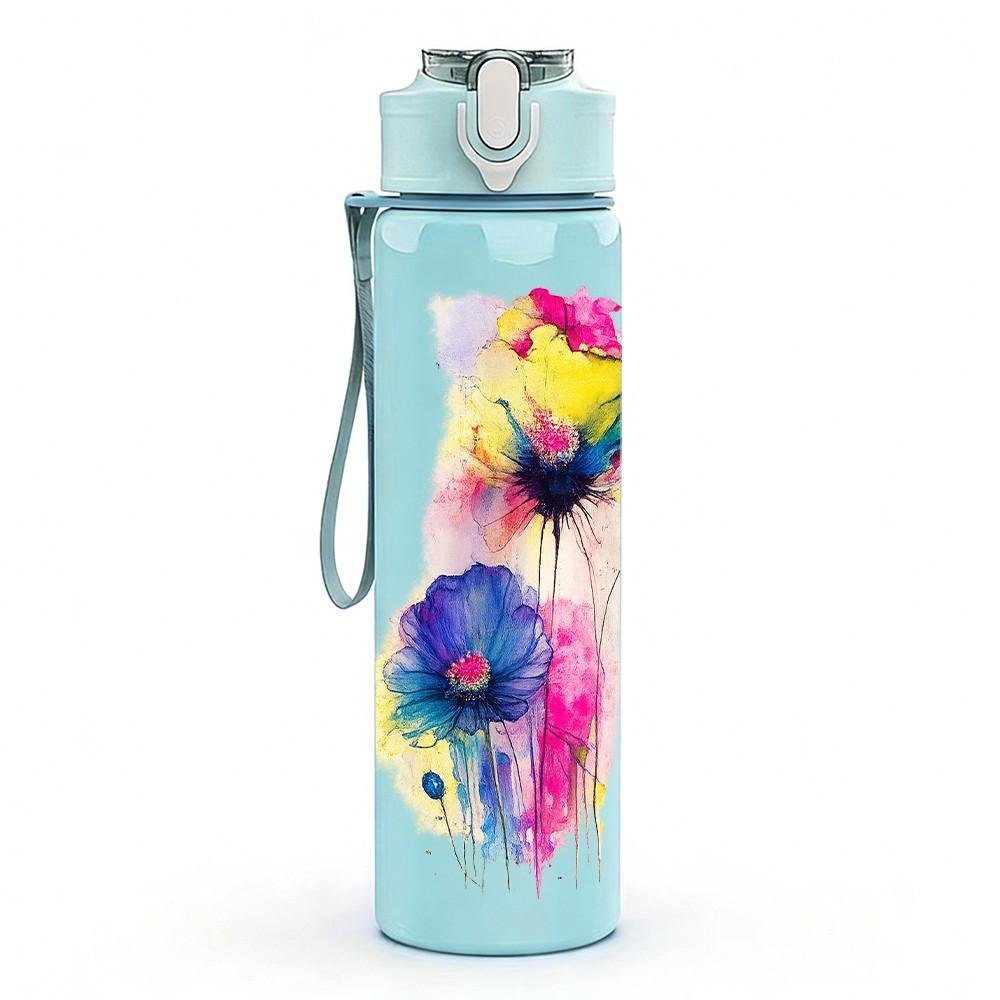 1PC Colorful Feather Boho Art Print 750ml Color Plastic Sports Water Bottle Leakproof Flip Straw Lid Suitable for Sports Office Home Use