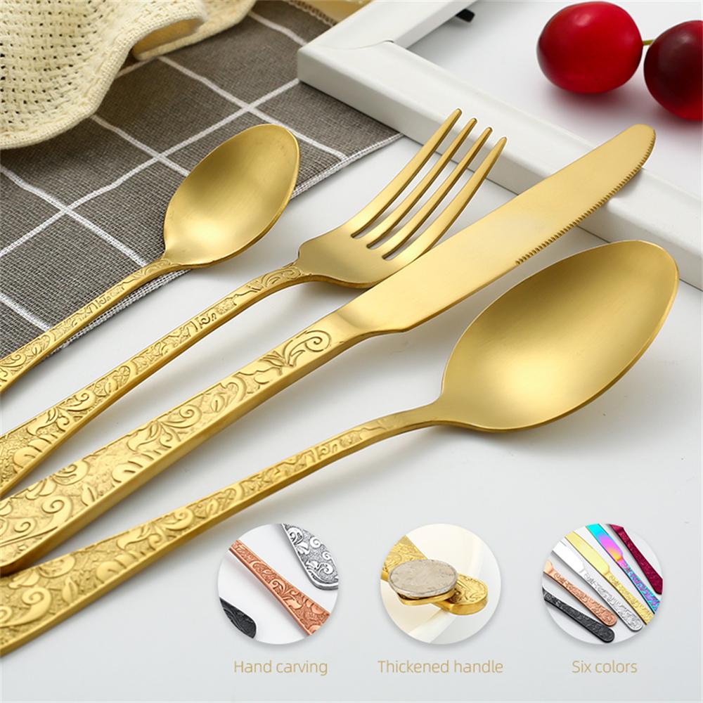 Set de vesela din oțel inoxidabil 5 bucăți, cuțit din aur de lux, furculiță, linguri, tacâmuri pentru petrecere, cu mâner gravat, set de tacâmuri