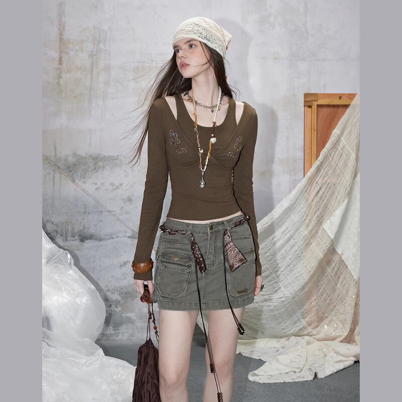 unifree 2026 Spring Korean Style Cross Design Faux Two-Piece Slim T-Shirt