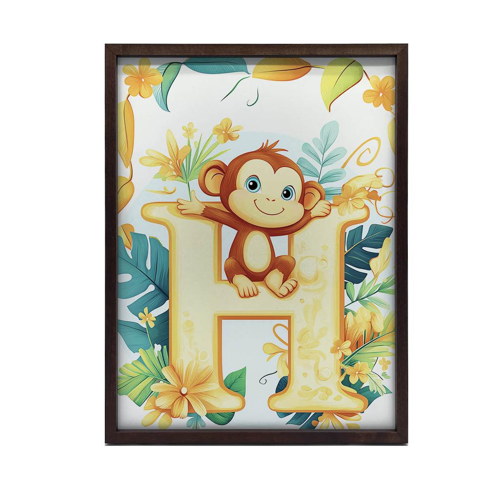Plakat Litera H Z Małpką W Tropikalnym Stylu Plakat Litera H Z Małpką W Tropikalnym Stylu, 70X100 Cm, Rama Drewniana Jasny Dąb, Papier Matowy 230 Gsm