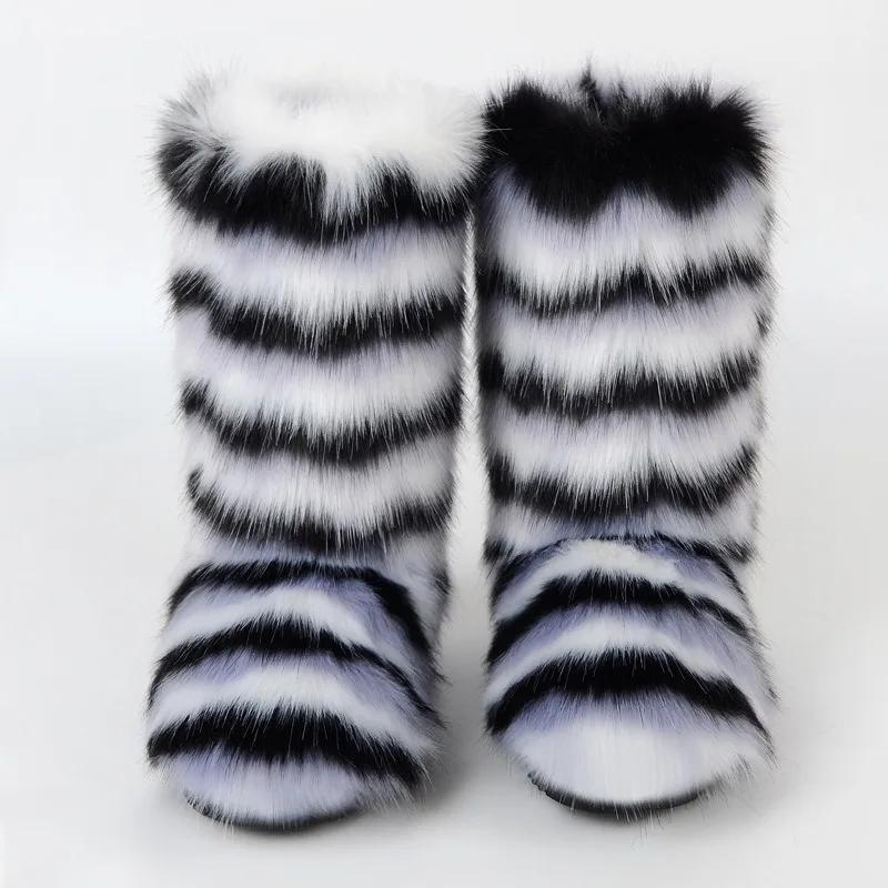 Fashion 2024 New Comfortable Imitation Raccoon Fur Snow Boots with Midsole for Women's Winter Warmth and Comfort, Hairy Women's Boots