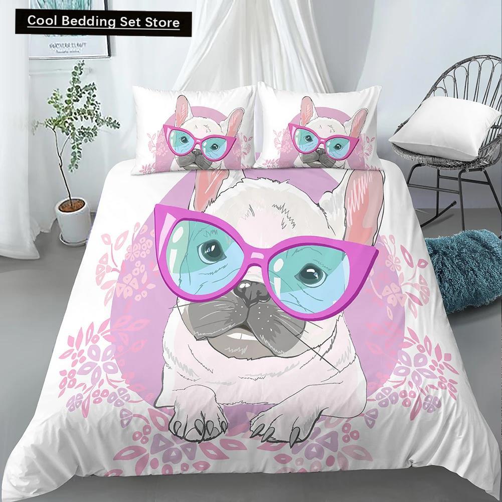 Comforter Cartoon Pug King Queen Double Full Lovely Puppy Bedding Set Pet Animal Yellow Polyester Comforter