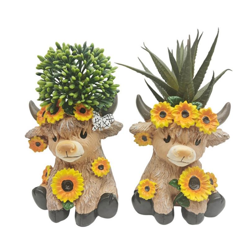 2pcs Sunflower Highland Cow Resin Flower Pot Ornament