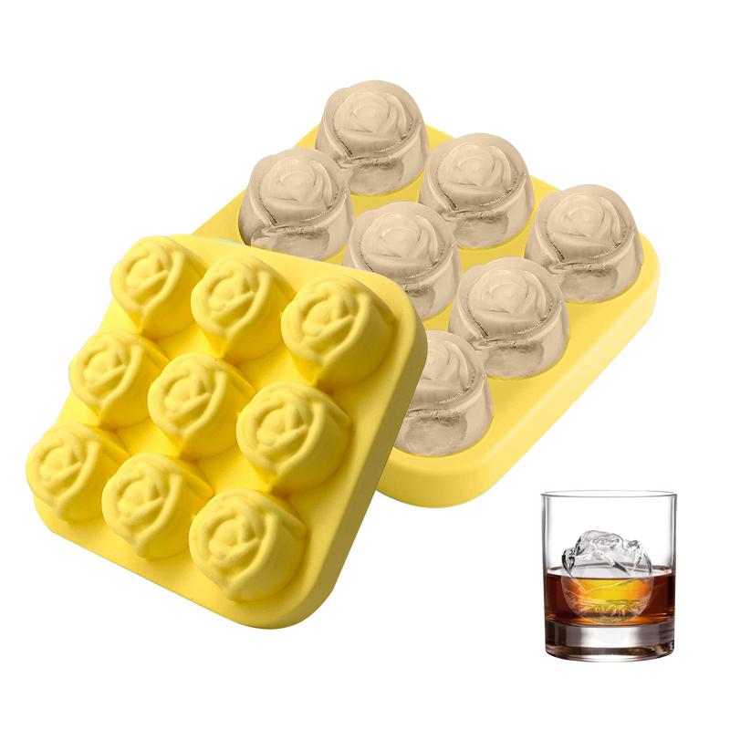 Tavă pentru cuburi de gheață, cu 9 cavități, din silicon, cu trandafiri, pentru fabricarea de bile de gheață, cu eliberare ușoară, formă mare de cuburi de gheață pentru cocktail-uri