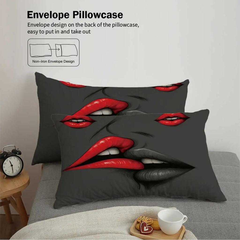 Lips Pattern Printed Bedding Set1 Quilt Cover+2 Pillowcases Suitable for Couples and Adults Bedroom Home Decoration