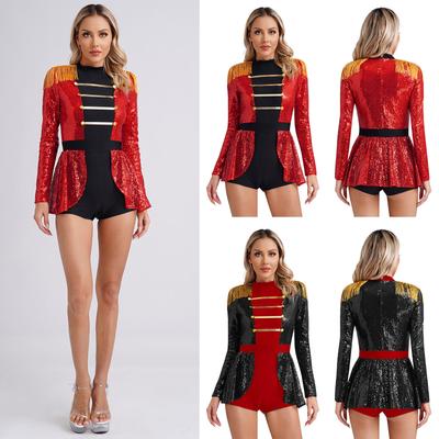 Sparkly Sequin Circus Ringmaster Jumpsuit S-4XL for Women, Tassel Shoulder Boards Skirted Boyshorts Bodysuit Halloween Costume