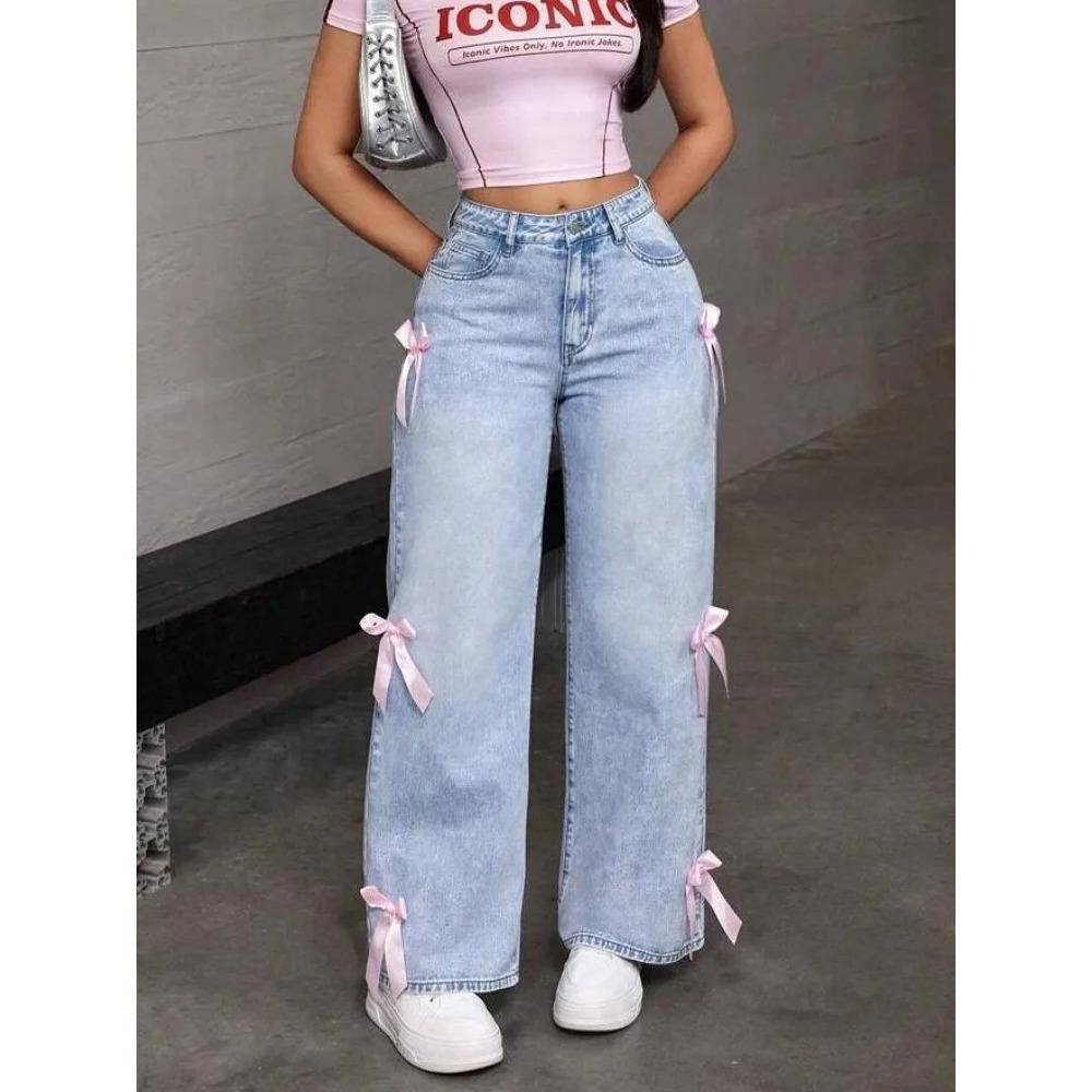 

Женские повседневные джинсы с бантом Y2k Blue Baggy Denim Trousers Loose Straight Sweet Coquette Aesthetic Washed Jeans XXL розовый