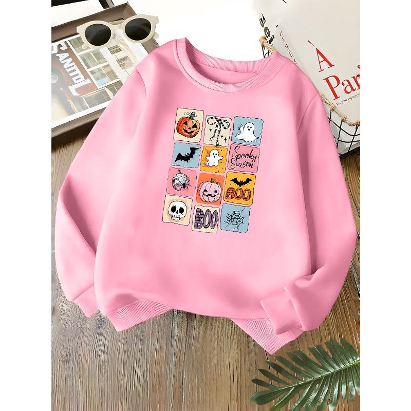 Kids Unisex Crewneck Sweatshirt, Spooky Season Grid Pumpkin Ghost Bat Skull Halloween Print Soft Fleece Pullover For Kids Over 4 Years Old