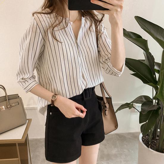Women Shirt Striped Print V-neck 3/4 Sleeves V Neck Elegant Summer Women Working Clothes Streetwear
