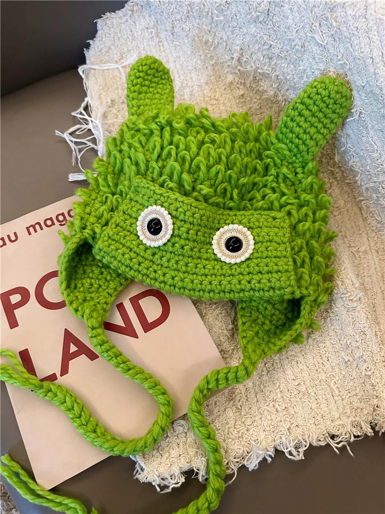 Green Funny Big Eyes Handmade Wool Knitted Hat Female Autumn And Winter Cute Little Monster Versatile Face Small Ear Protection Hat