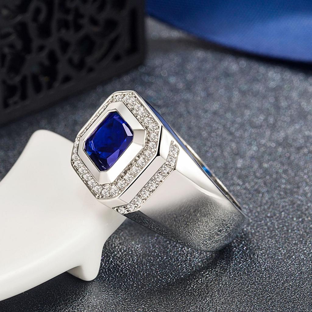 Men's Blue Crystal CZ Stone Ring Luxury Silver Color Engagement Ring Classic Wedding Party Jewelry Valentine's Day Gift