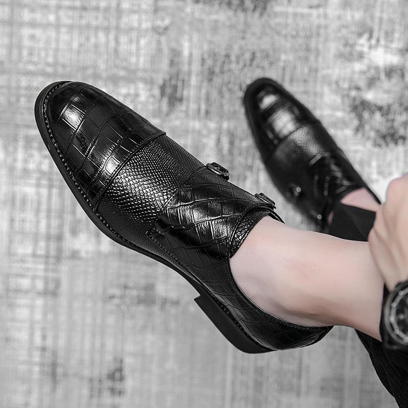 Fashion Mens Dress Shoes PU Leather Double Buckle Monk Strap Men Shoes Snake Print Cap Toe Classic Italian Shoes Zapatos Hombre Size 48
