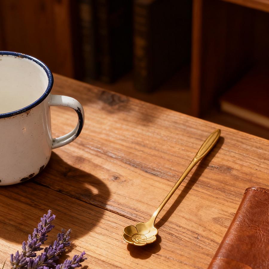 Golden Cherry Blossom Long Handle Stainless Steel Spoon - Japanese Style for Coffee, Dessert, and Ice Cream.