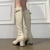Winter Stretch Slim Women Knee High Boots Fashion Square Toe Belt Buckle Shoes Ladies Thick Heel Knight Long Booties