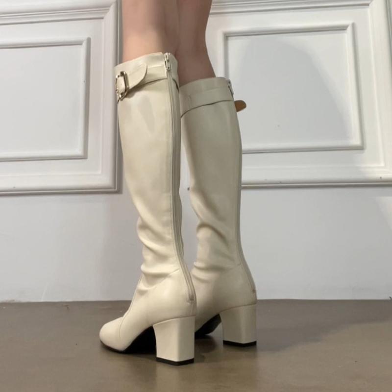 Winter Stretch Slim Women Knee High Boots Fashion Square Toe Belt Buckle Shoes Ladies Thick Heel Knight Long Booties