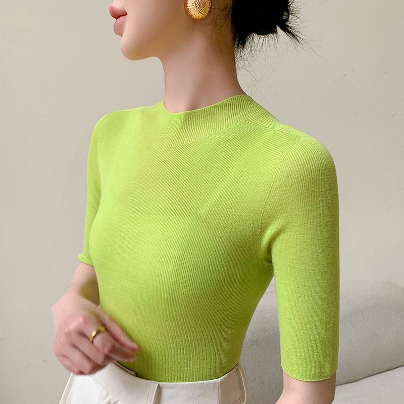 Women's Slim Fit Short Sleeve Fine Knit Wool Sweater - 100% Wool Half-High Neck for Spring/Summer