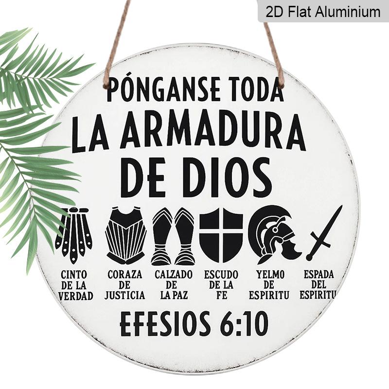 

2D Flat, 1pc 7.87*7.87 Inch Round Spanish Aluminum Sign, a Vintage Decorative Plaque About The Armor of God from Ephesians 6:10. Suitable for 1pc