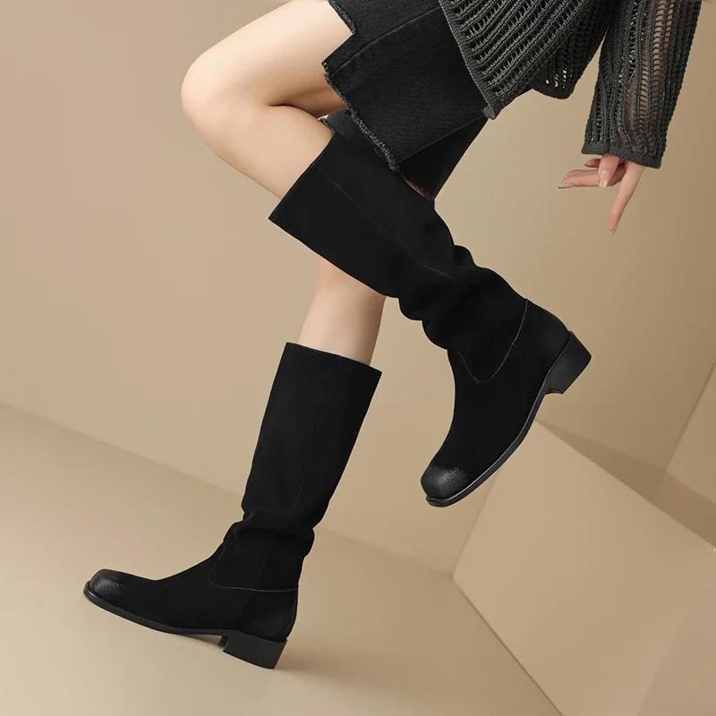Fashion 2024 New New Cow Suede Retro Women Boots Autumn Winter Slip-On Mid-Calf Boots for Women Square Toe Square Heel Basic Shoes High
