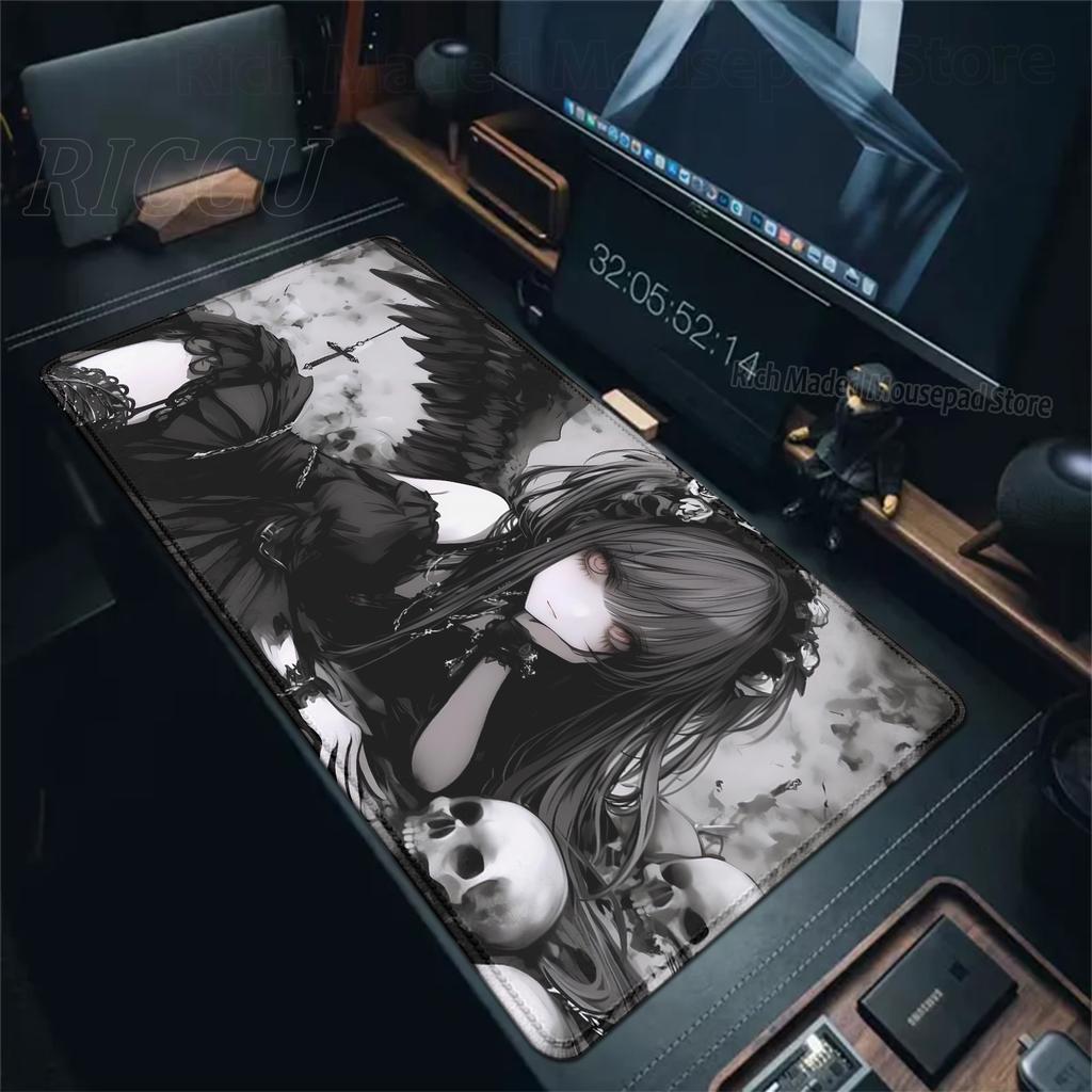 Alfombrilla de Ratón XXL Ángel Oscuro Chicas Anime Esterilla de Escritorio Oficina Portátil Alfombrilla de Escritorio Extendida Alfombrilla de Ratón para Jugador de PC Alfombrilla para Teclado Alfombra Negra