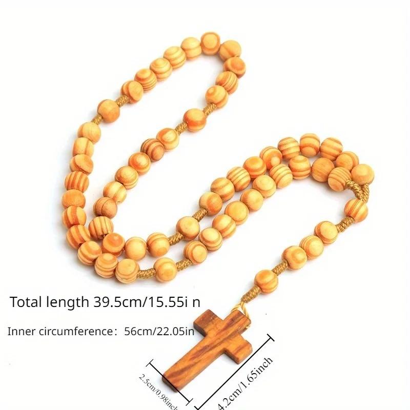 1pc Vintage Wood Rosary Beaded Jesus Cross Wooden Pendant Necklace for Women Men Fashion Religious Jewelry