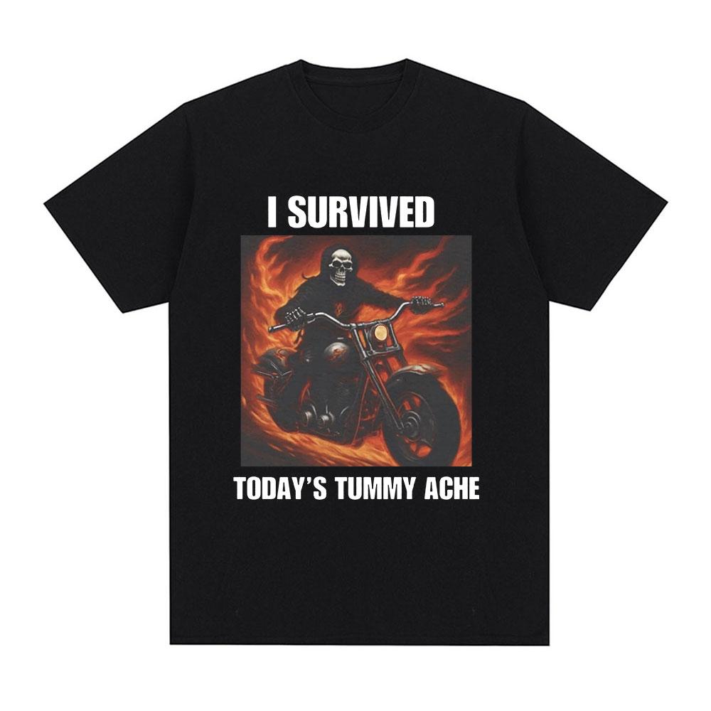 I Survived Today's Tummy Ache T-Shirt Funny Cat Meme Short Sleeve T Shirt Men Women Cotton Casual Oversized T Shirts Streetwear