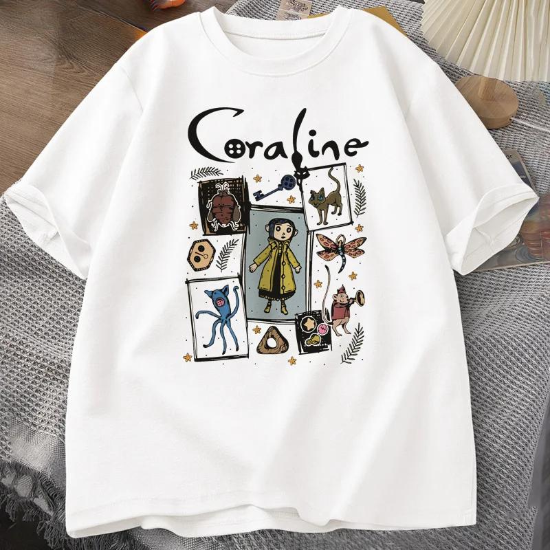 Футболка Coraline Halloween для мужчин, жуткая винтажная футболка Harajuku, осенняя футболка с коротким рукавом, хлопковая женская одежда, футболки мужские S белый