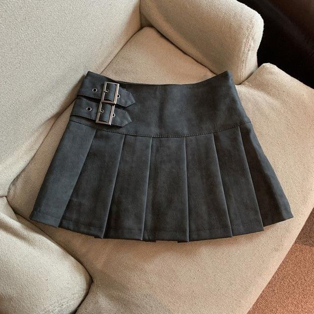 Pu Leder Mini Röcke Frauen Streetwear Hohe Taille Faltenrock Vintage Koreanische Schwarz Slim Casual A Linie Röcke