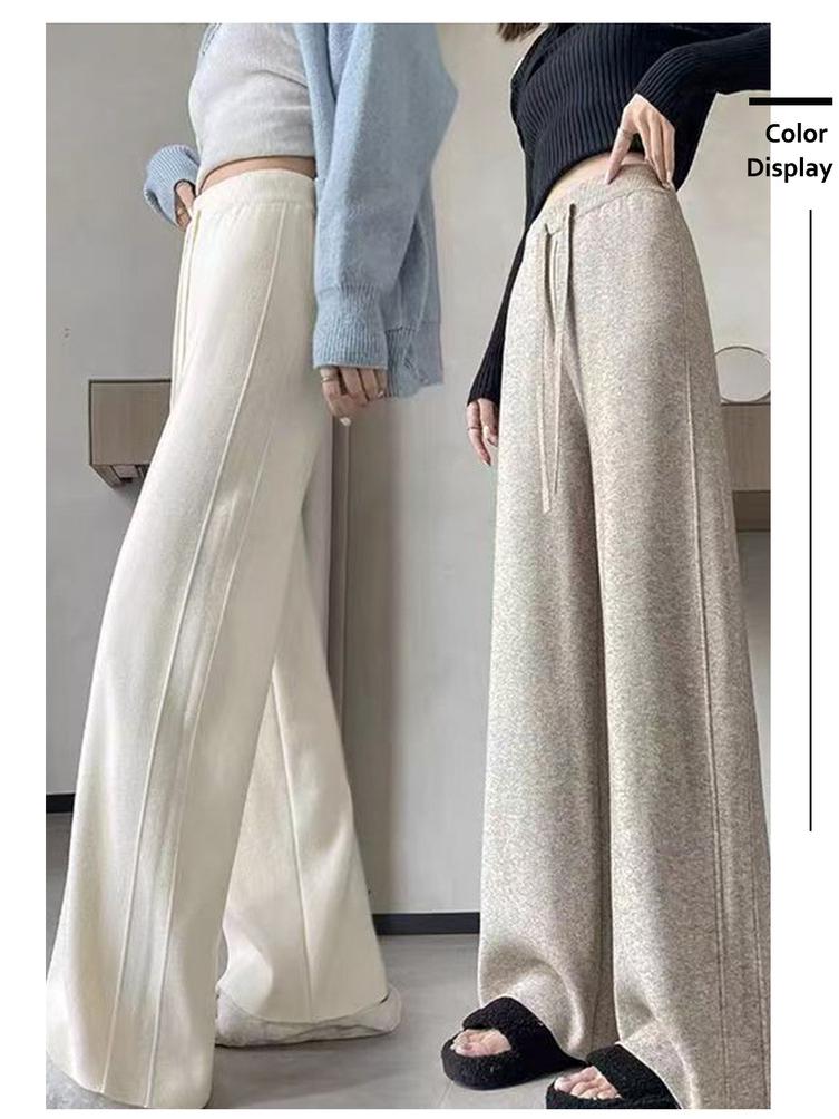 Women's Korean Style High Waist Wide-Leg Knit Pants - Autumn/Winter Fashion, Floor-Length, Straight-Leg Design