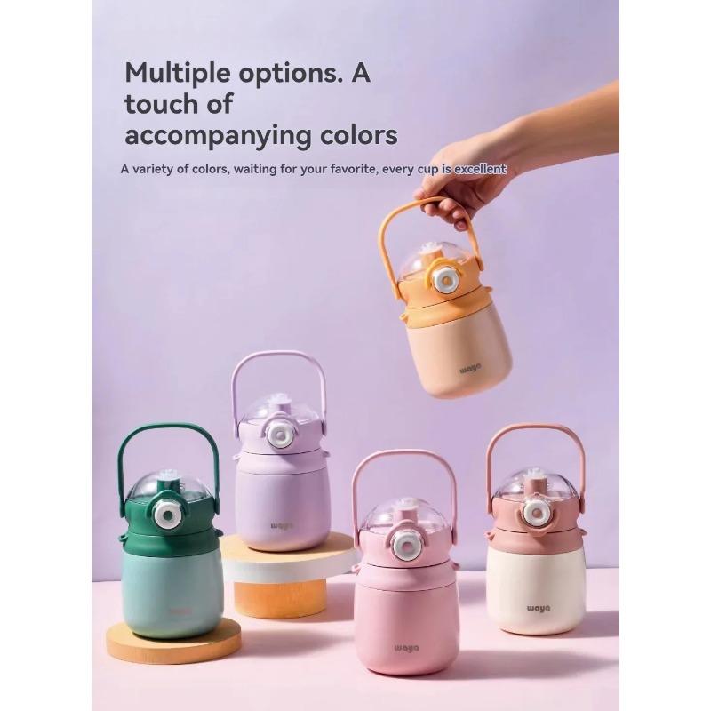 0.8L Cup Water Bottle with Straw Large Vaccum Flasks Stainless Steel Vacuum Cup with Strap LeakProof Portable Thermos for School