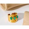 Yhpup Green Natural Stone Stainless Steel 18k Gold Plated Metal Fashion Wide Ring Charm Texture Waterproof Jewelry for Women