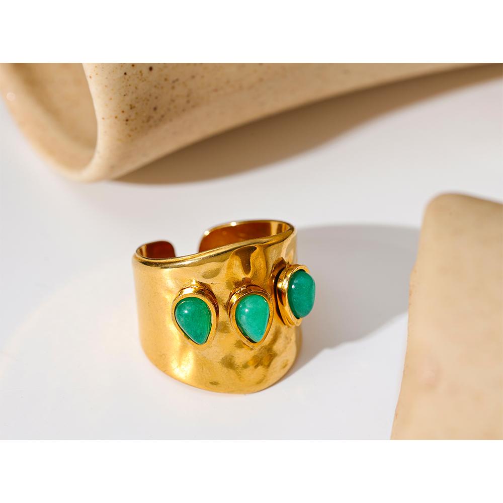 Yhpup Green Natural Stone Stainless Steel 18k Gold Plated Metal Fashion Wide Ring Charm Texture Waterproof Jewelry for Women