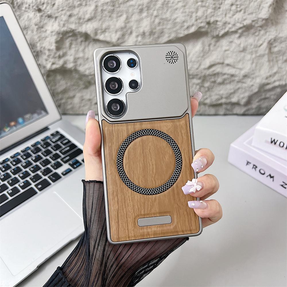 Luxury Splicing Wooden Frameless Magnetic Phone Case For Samsung S26 S25 S23 S24 Ultra Plus FE Plating Borderless Slim Cover