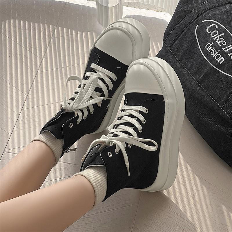 Black And White High-Top Board Shoes, Men'S And Women'S Couple Boots, Side Zipper Tooling Boots, Thick-Soled Heightening Spring High-End Martin Boots