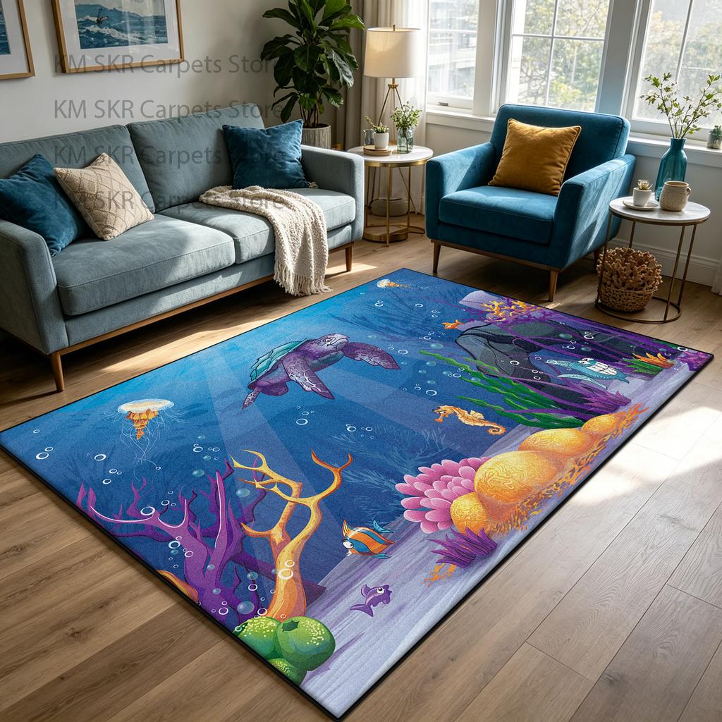 3D Ocean World Living Room Carpet Cute Lounge Décor Machine Washable Non-slip Lounge Rug Soft Fluffy Bedroom Bedside Mat Custom
