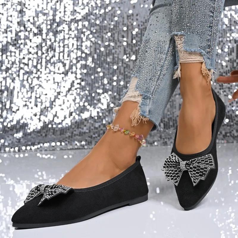 

Мода 2025 Новые слипоны с острым носком Женские балетки Уличные хрустальные туфли-лодочки с бантом Большие размеры Удобная повседневная обувь для ходьбы 43 чёрный
