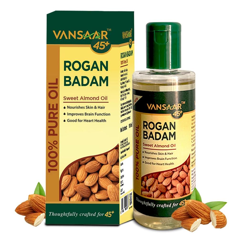 Vansaar 45+ Rogan Badam Oil 50ml Cold Pressed Sweet Almond Oil For Skin Brightening & Hair Shine Nourishment With Natural Californian Almonds
