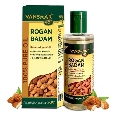 Vansaar 45+ Rogan Badam Oil 50ml Cold Pressed Sweet Almond Oil For Skin Brightening & Hair Shine Nourishment With Natural Californian Almonds