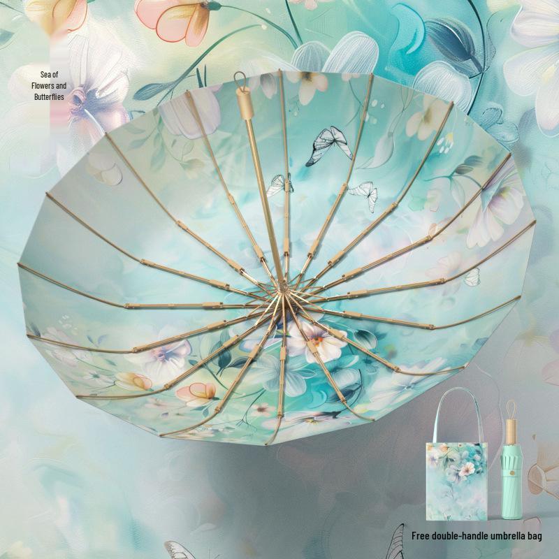 32-Bone Folding Dual-Use Women's Umbrella - Sun & Rain Protection, Anti-UV, Enlarged, Reinforced, Thickened Sunshade