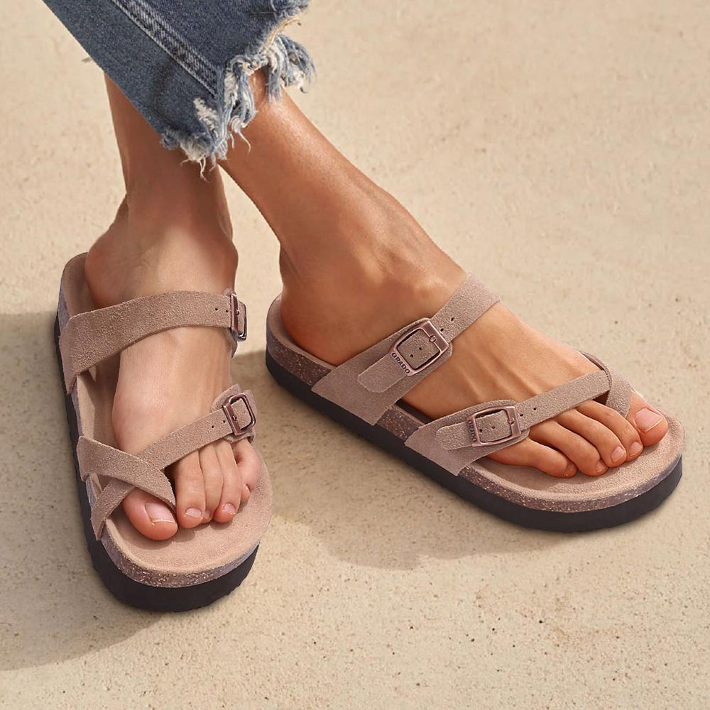 Fashion Shevalues Women's Classic Suede Sandals Comfy Cork Footbed Summer Slippers With Adjustable Buckle Fashion Thick Sole Beach Shoes