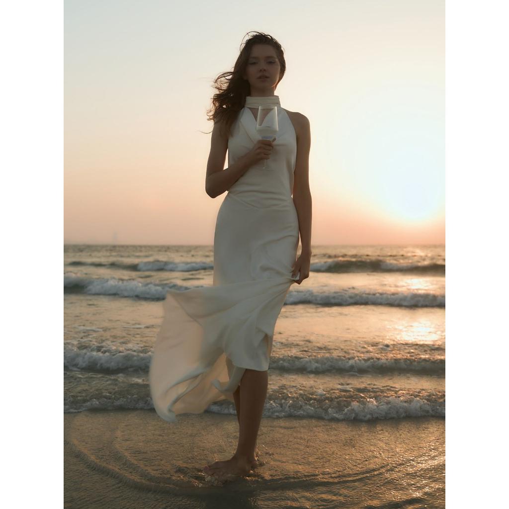 Summer New Satin Halter Dress Women's Sexy V-neck Backless Slim Fit Long Maxi Dress European American Crossbody Women's Clothing