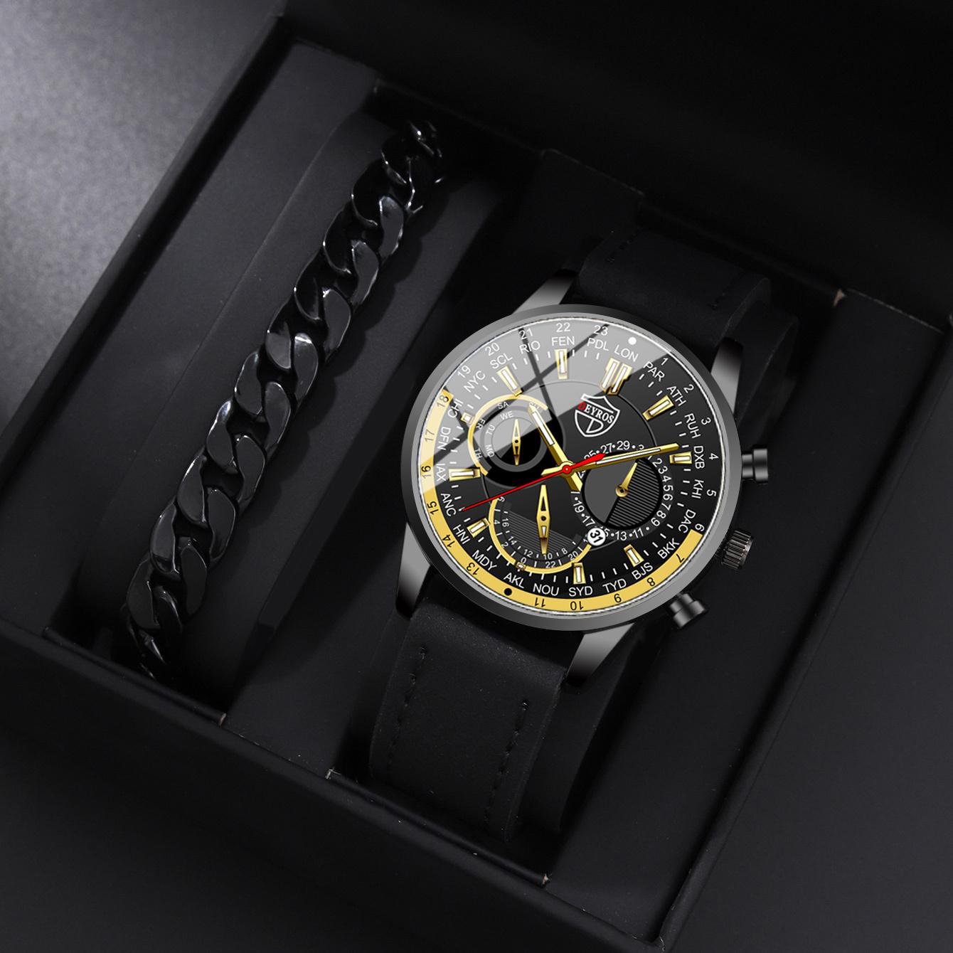 

Набор из 2 предметов DEYROS, модные мужские часы, деловые, с кожаным ремешком, календарные часы, спортивные, мужские кварцевые часы и браслет, мужской подарок