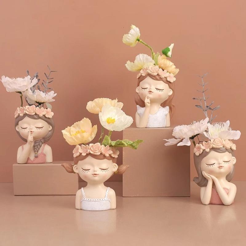 1/4Pcs Cute Fairy Flower Pot Resin Figure Planter Flower Pot For Plant Resin Ornament For Desktop Home Office Decor